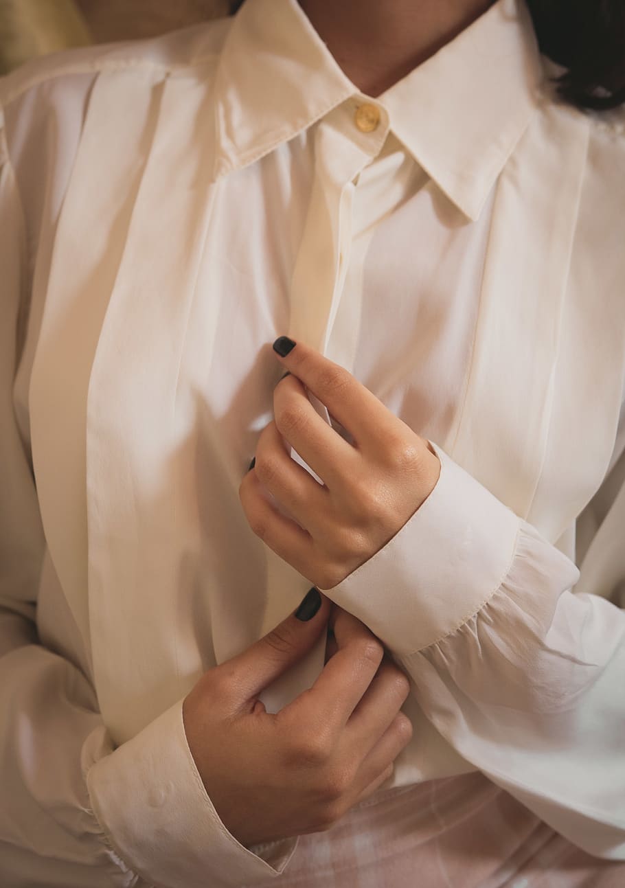 Woman Wearing White Long Sleeved Collared Shirt, close-up, elegant