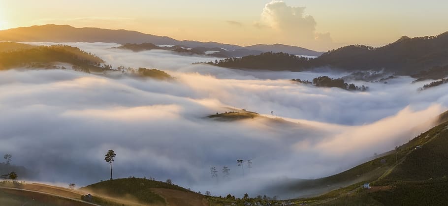 dawn, clouds, mountain, tree, sunny, sunset, valley, landscape HD wallpaper