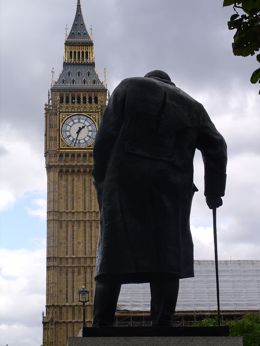 big ben, churchill, statue, westminster, clock, england, london, HD wallpaper