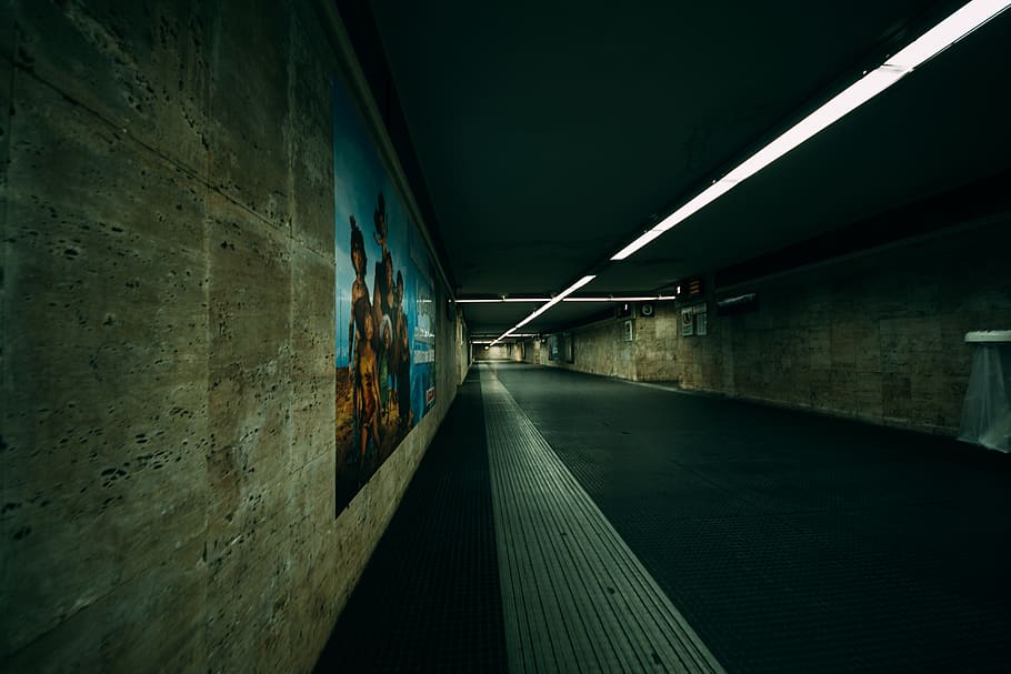 empty underpass, corridor, tunnel, flooring, lighting, crypt