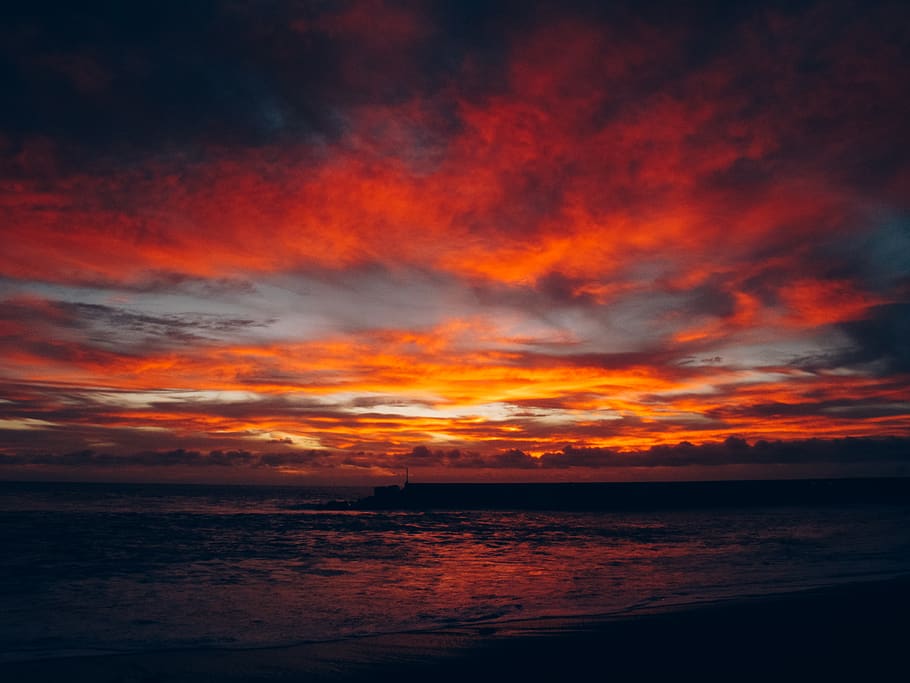 Scenic View Of Ocean During Sunset, beach, clouds, dark, dawn