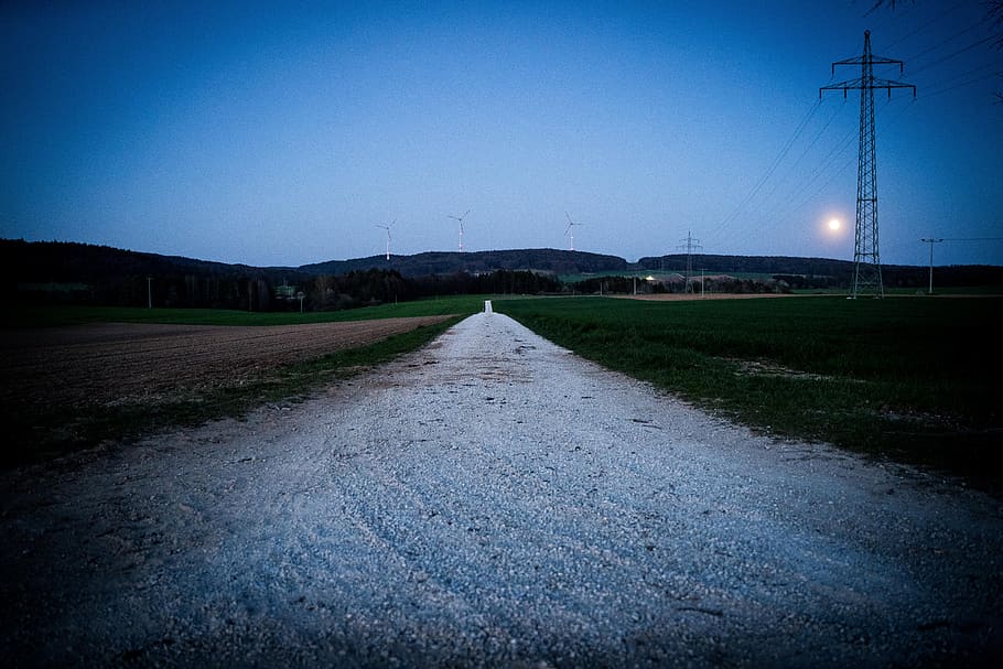 away, twilight, full moon, road, gravel road, gloomy, sunset HD wallpaper
