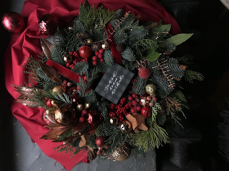 Christmas wreath, celebration, text, holiday, christmas decoration HD wallpaper