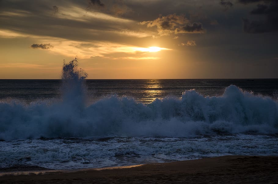 sunset, dusk, beach, sand, waves, ocean, sea, water, sky, beauty in nature HD wallpaper