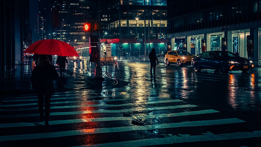 person carrying red umbrella passing on pedestrian lane, human