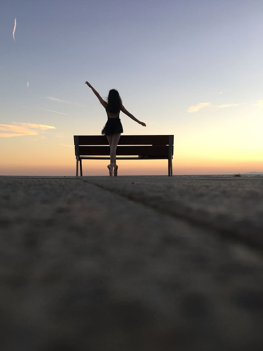 silhouette photography of woman standing on bench, furniture, HD wallpaper