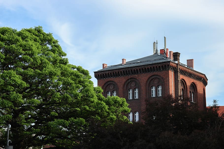 poland, poznan, tree, clouds, house, brickstone, sky, building HD wallpaper