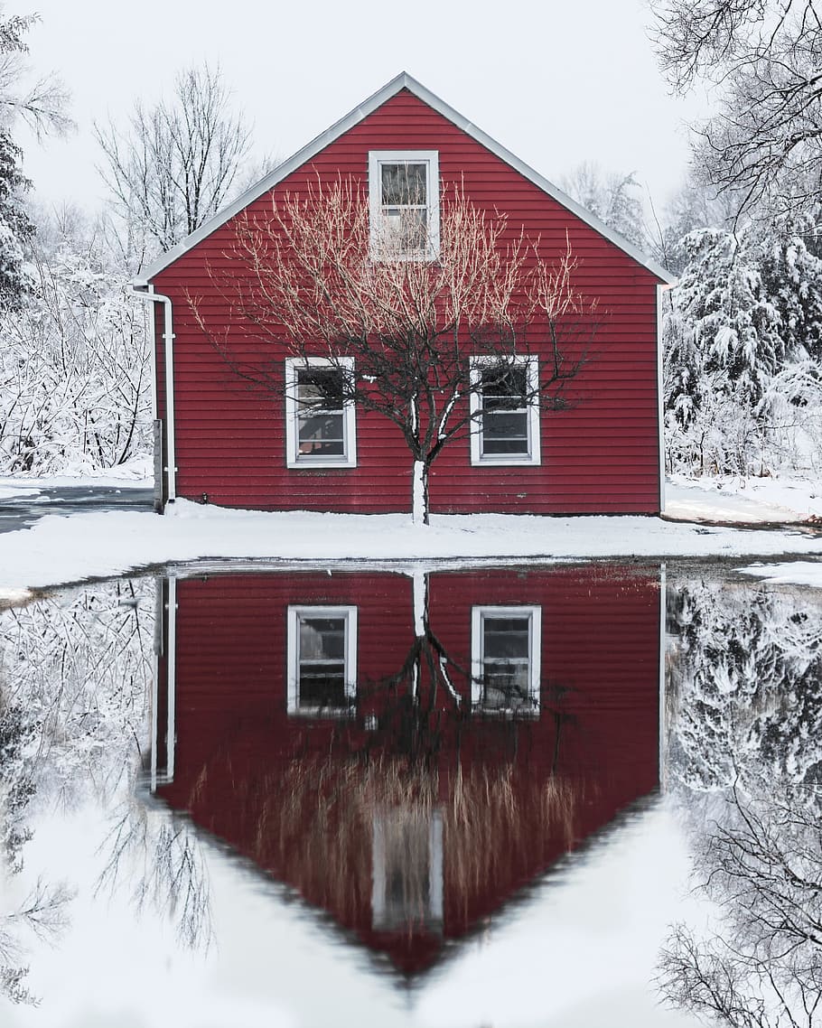red and white wooden house, reflection, pond, forest, cabin, snow HD wallpaper