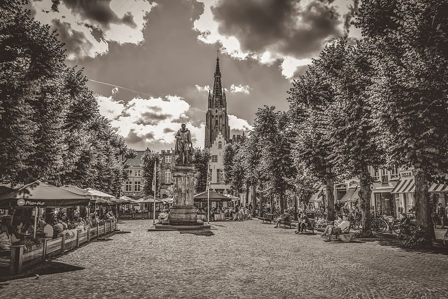 brugge, square, trees, architecture, tourism, city, belgium HD wallpaper
