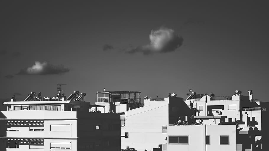 blackandwhite, sky, build, clouds, bw, architecture, building exterior HD wallpaper