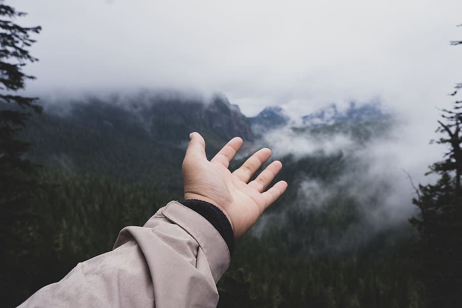 person raising left hand, mountain, mist, adventure, reach, travel HD wallpaper