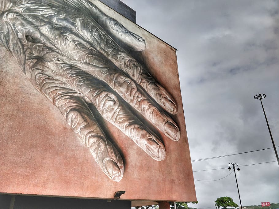 Human Hand Billboard Painting, architecture, art, blue sky, building HD wallpaper