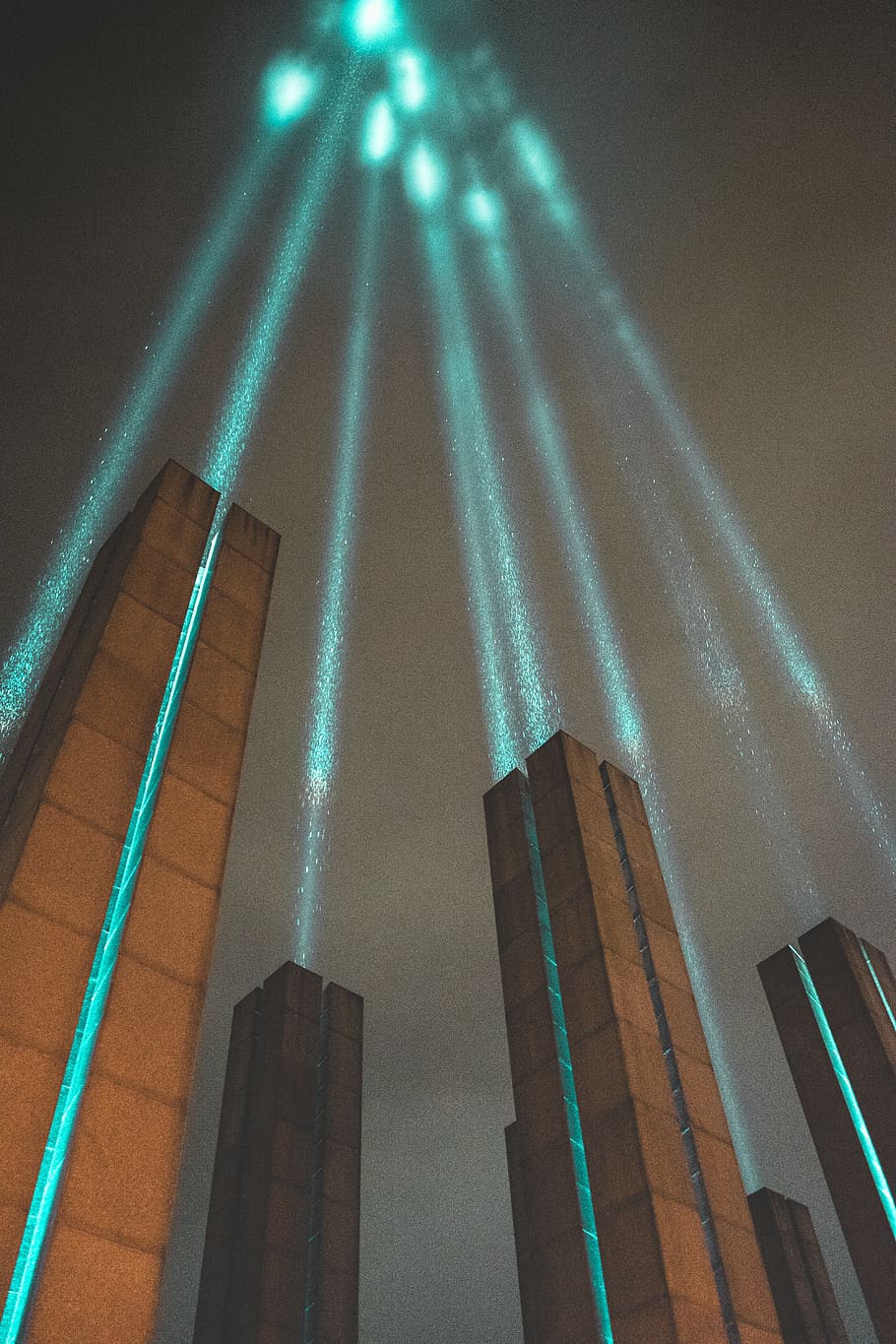 gray building with green lights, low angle view, illuminated HD wallpaper