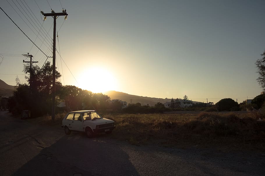 greece, santorini, backlight, car, sunlight, sunset, hot, landscape HD wallpaper