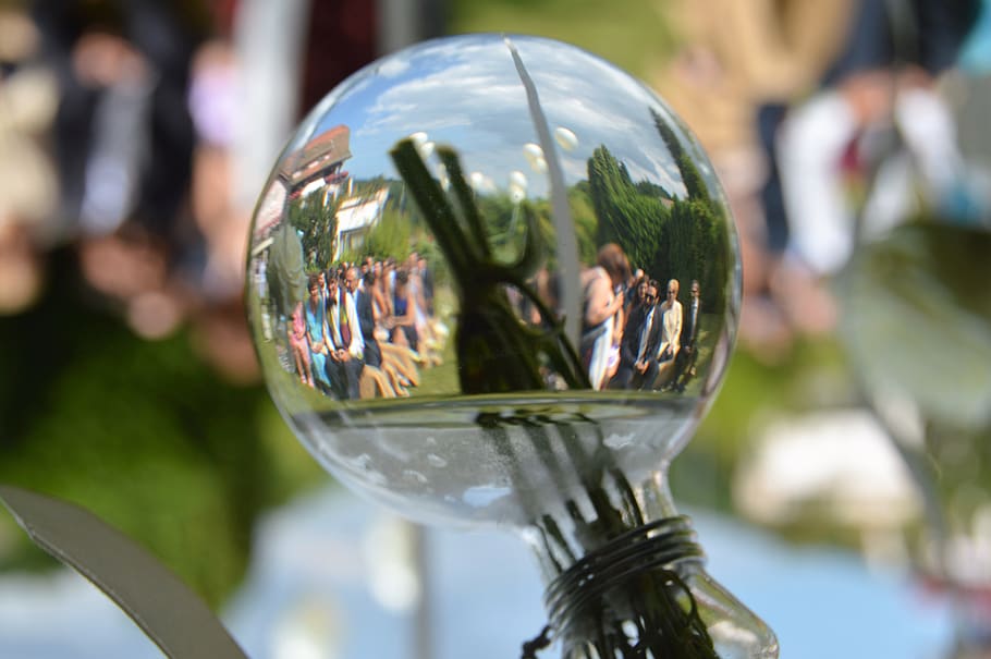 close-up, sphere, focus on foreground, reflection, incidental people HD wallpaper