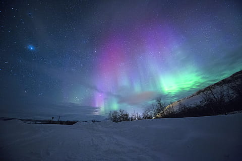 northern lights over snow-capped mountian, aurora, night, sky HD wallpaper