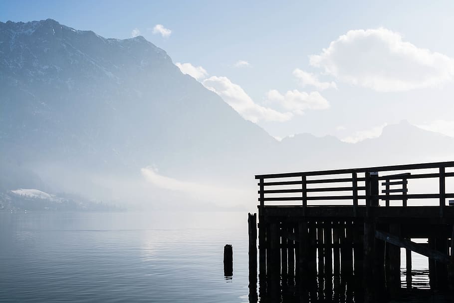 blue, sky, clouds, mountains, water, wood, dock, pier, snow HD wallpaper