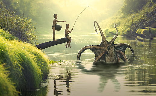 fish, children, boys, fun, octopus, waters, nature, river, summer HD wallpaper
