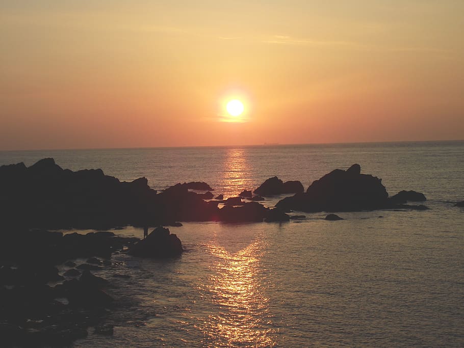 ocean, sunset, rocks, reflection, water, sea, sky, scenics - nature HD wallpaper