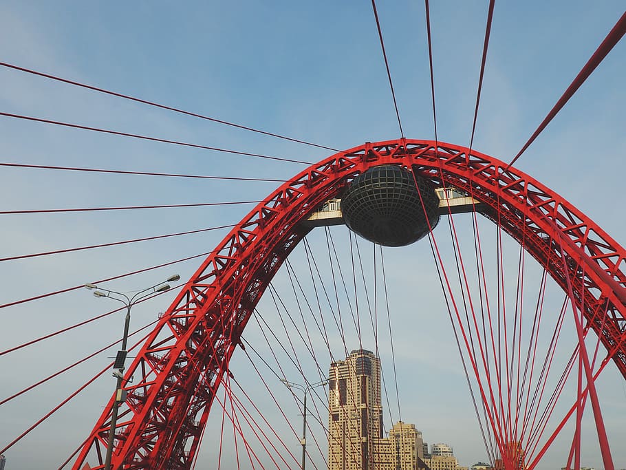 bridge, red, sky, blue, moscow, city, unusual, architecture HD wallpaper