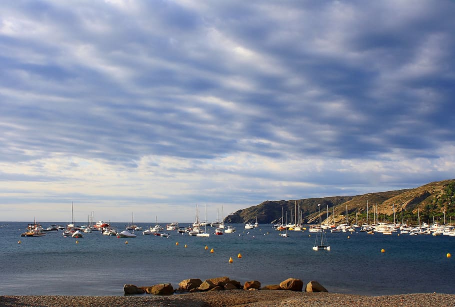 costa brava, spain, sea, boats, clouds, sky, rock, water, cloud - sky HD wallpaper