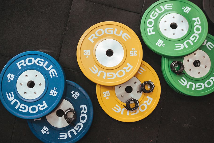Several Rogue Gym Plates, close -up, exercise equipment, heavy