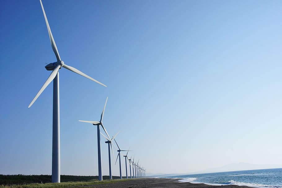 coast, wind turbine, sea, sky, water, wind energy, the north sea, HD wallpaper