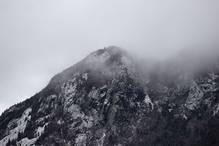 Greyscale Photography of Mountain, cold, dawn, fog, high, hike HD wallpaper
