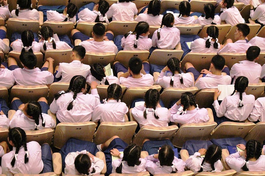 Top view of high school students sitting in a lecture theater - Editorial use