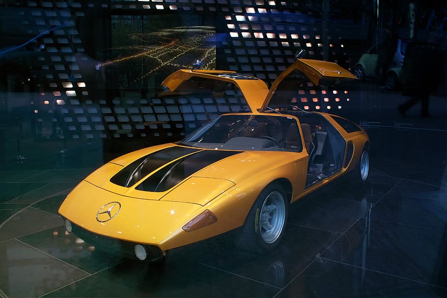 auto, car salon, presentation, technology, yellow, mercedes HD wallpaper