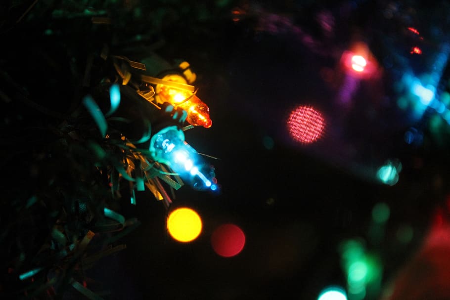 christmas, lights, tree, bokeh, blue, yellow, red, bulbs, decorations HD wallpaper