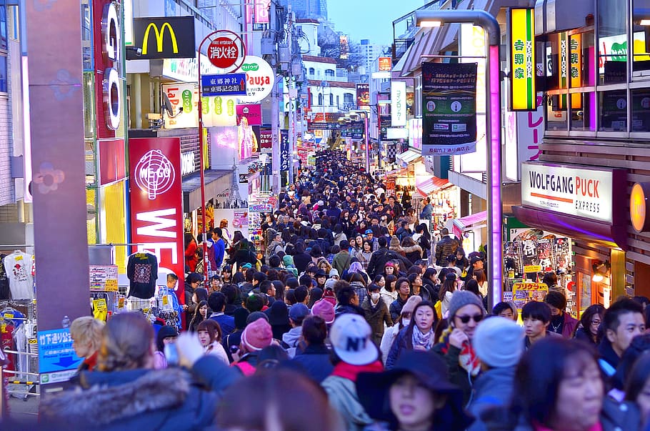 crowd between buildings, human, person, pedestrian, people, accessories HD wallpaper