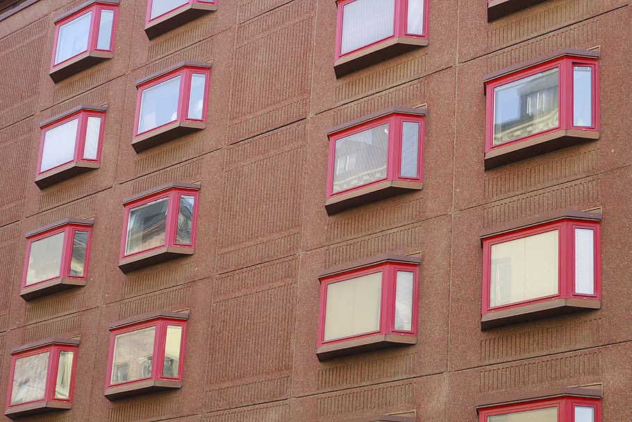 red framed glass window bi\uilding, home decor, window shade HD wallpaper