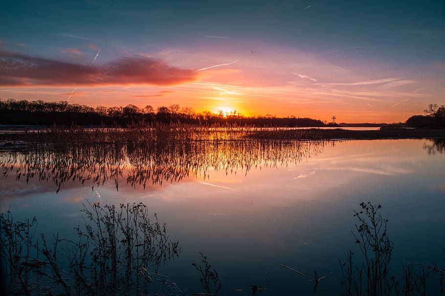 sunset, river, elbe, water, landscape, mood, mirroring, elbeland community HD wallpaper
