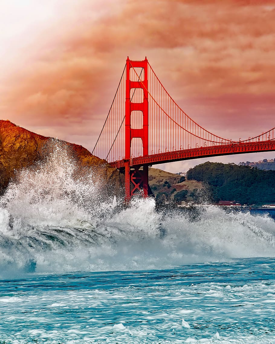 Red Bridge Illustration, architecture, attractions, bay, beach HD wallpaper