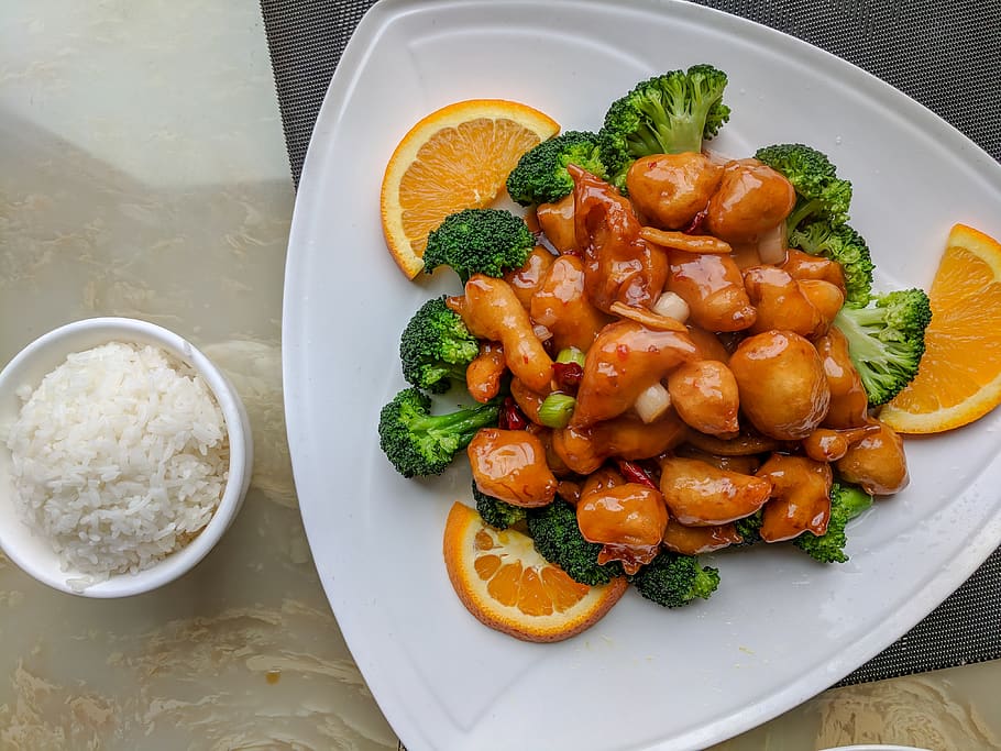 orange fillet with broccoli, food, food and drink, healthy eating HD wallpaper