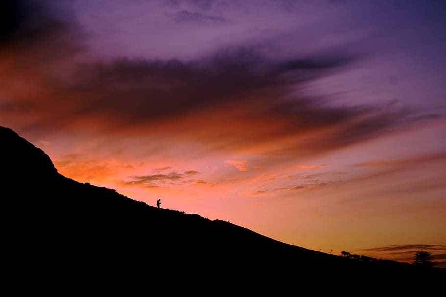 sunset, sky, person, sunrise, slope, silhouette, mountain, tree, HD wallpaper
