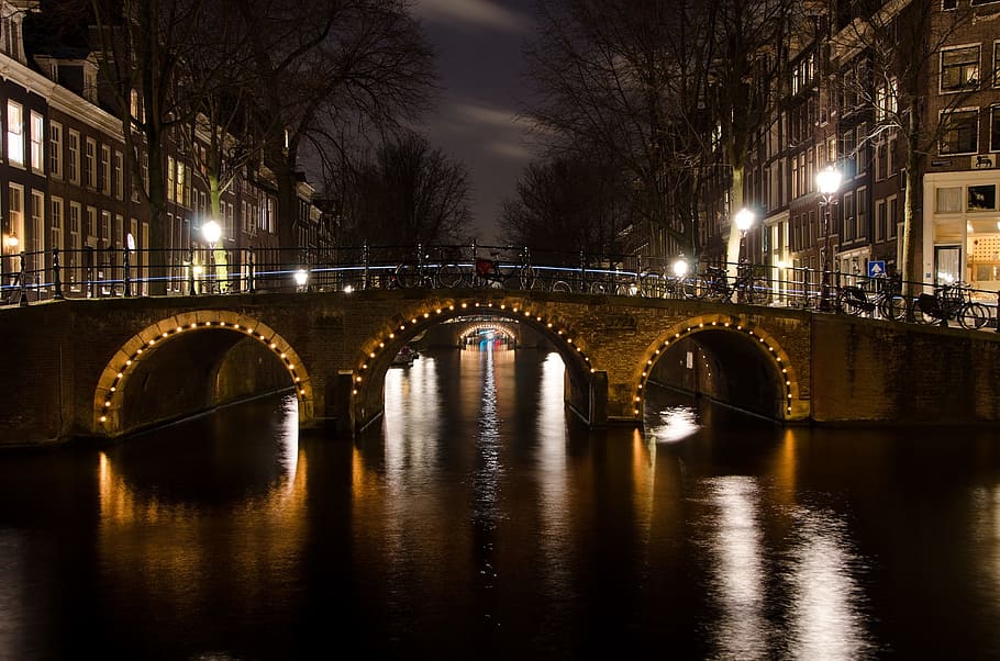 city, bridge, night, construction, architecture, river, canal HD wallpaper