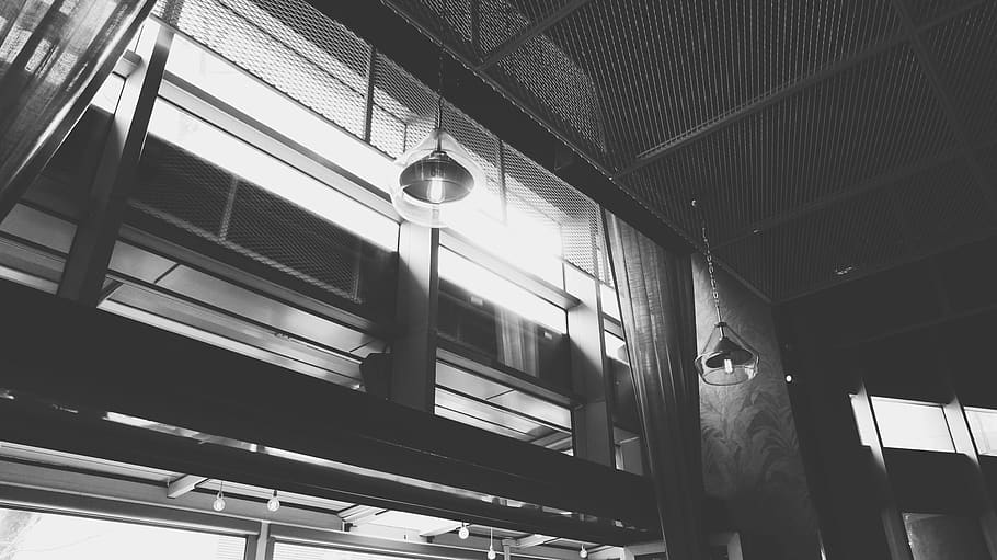 shop, restaurant, lamp, light, black and white, monochrome HD wallpaper