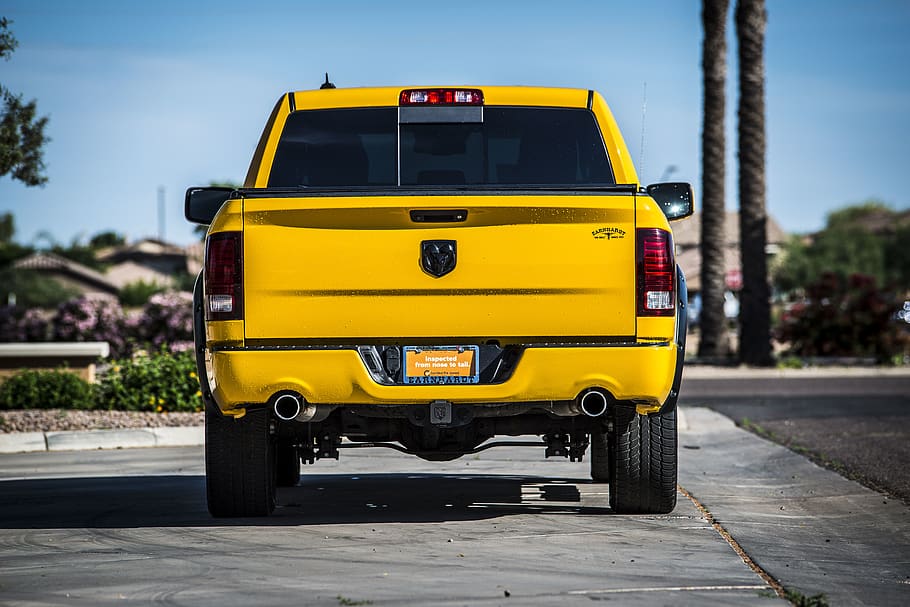 Yellow Pick-up Truck on Grey Concrete Road, automobile, daylight HD wallpaper