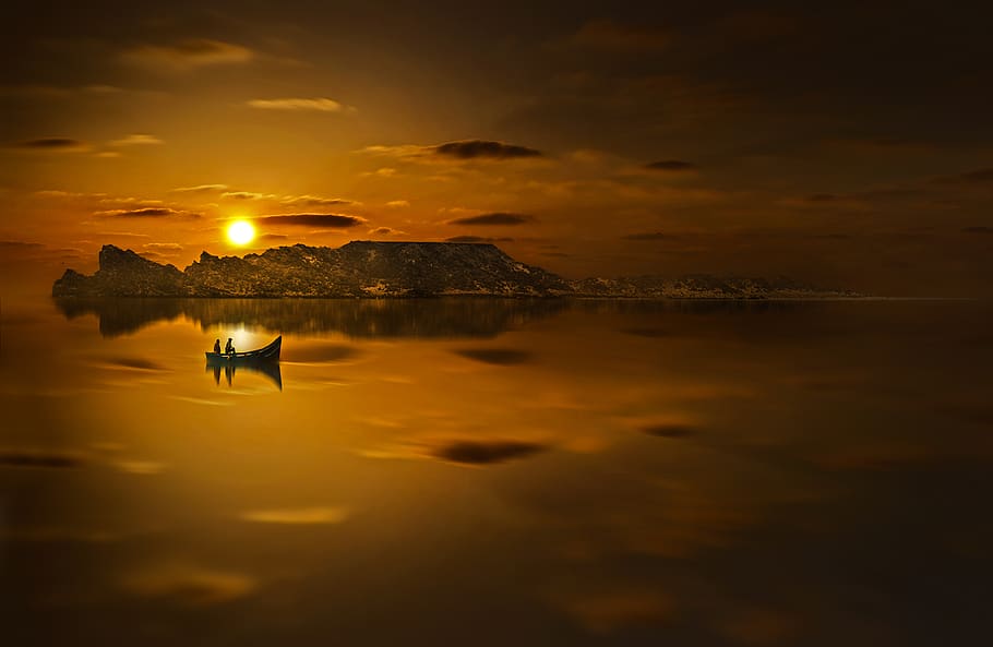 Twp People Riding Boat in Sunset Photo, backlit, beach, dawn HD wallpaper