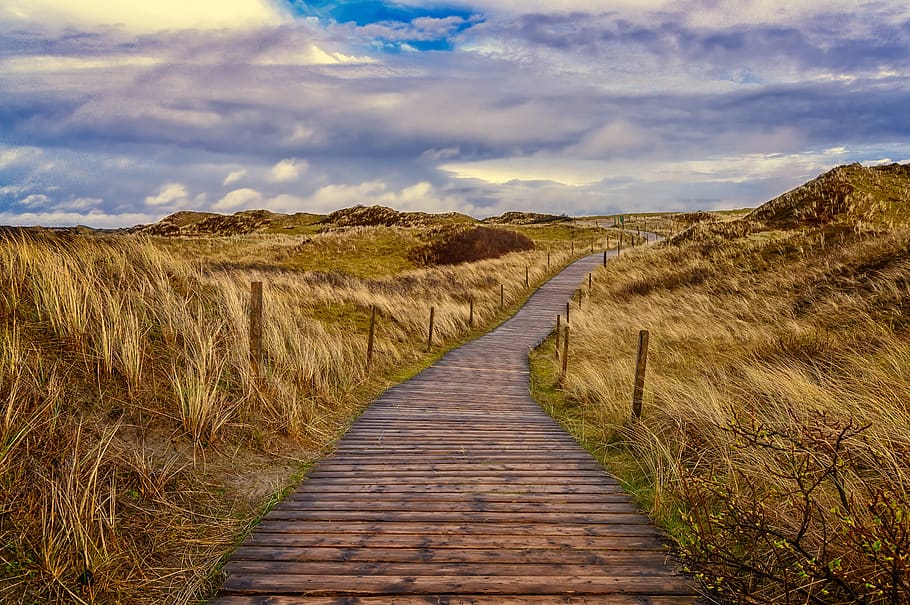 away, dunes, sky, clouds, nature, landscape, sand, path, vacations HD wallpaper
