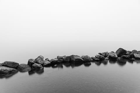 wildfire, minimalism, black, white, rocks, lake, ocean, calm HD wallpaper