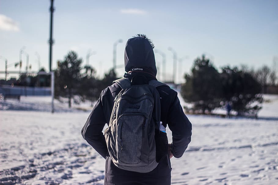 canada, toronto, forest, trees, man, canon, lake, winter, rear view HD wallpaper