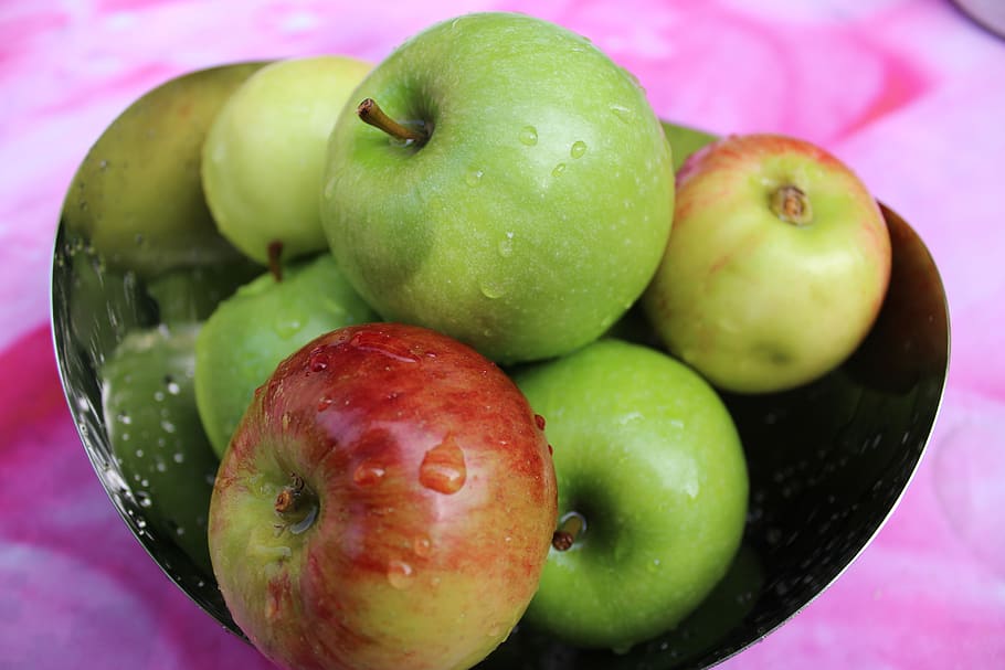 apple, fruit, bowl, table top, food and drink, healthy eating HD wallpaper