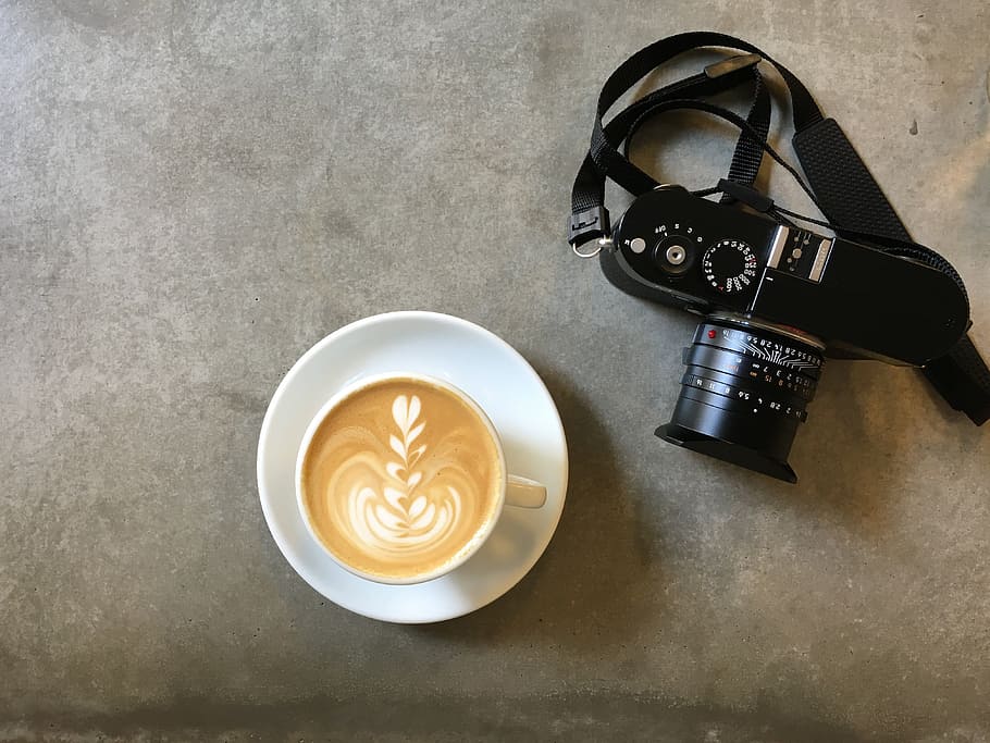 Lenses & Lattes Photo, Coffee, Flatlay, Camera, cup, coffee cup HD wallpaper