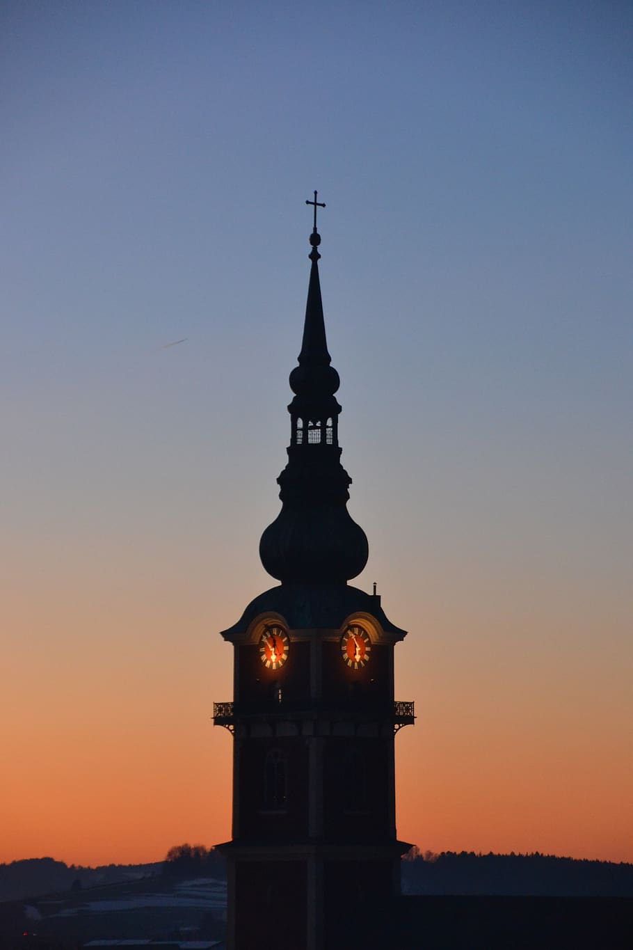 sunset, winter, steeple, dusk, abendstimmung, mood, silhouette HD wallpaper