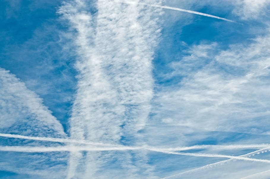 clouds, sky, contrail, blue, white, color, weather, fleecy HD wallpaper