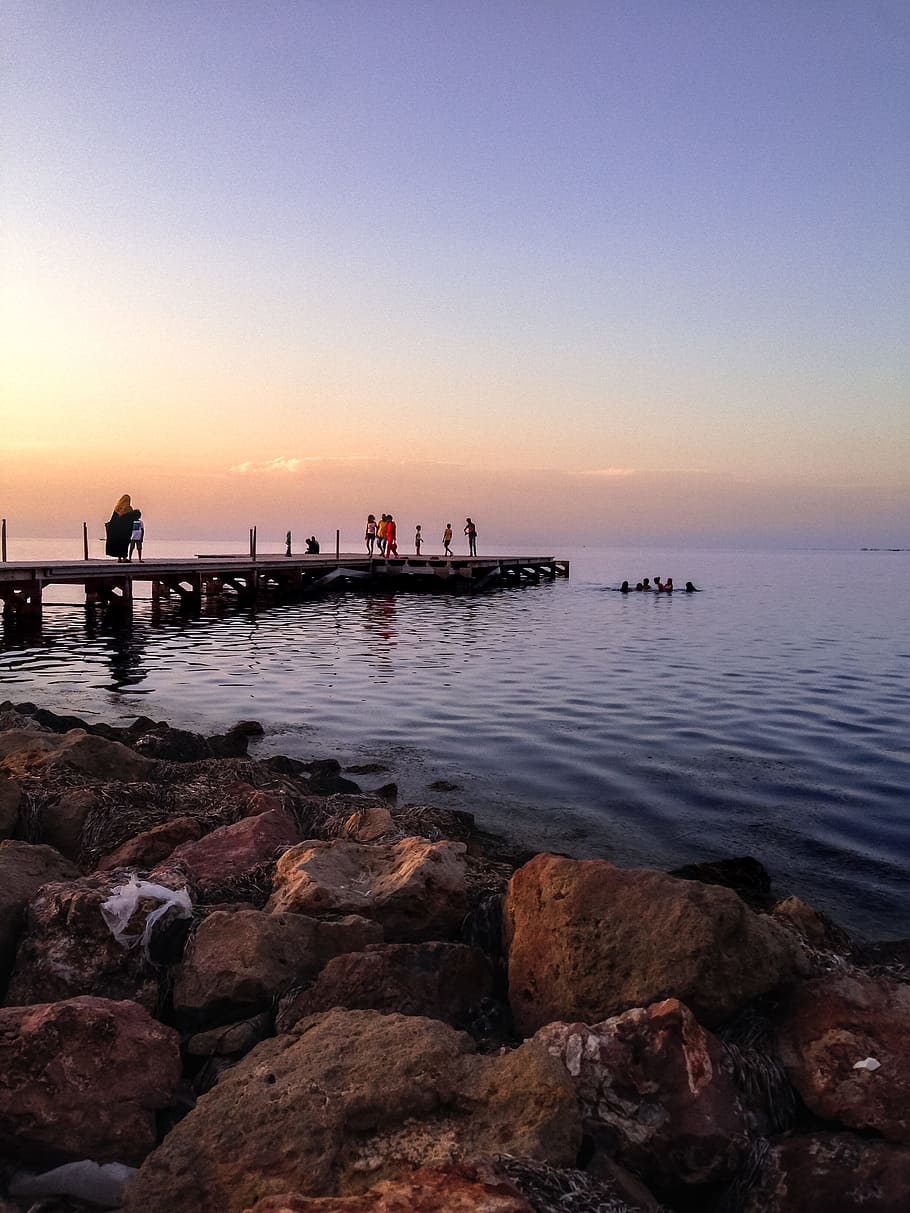 People Walking On Wooden Dock, dawn, djerba, dusk, ocean, outdoors, HD wallpaper