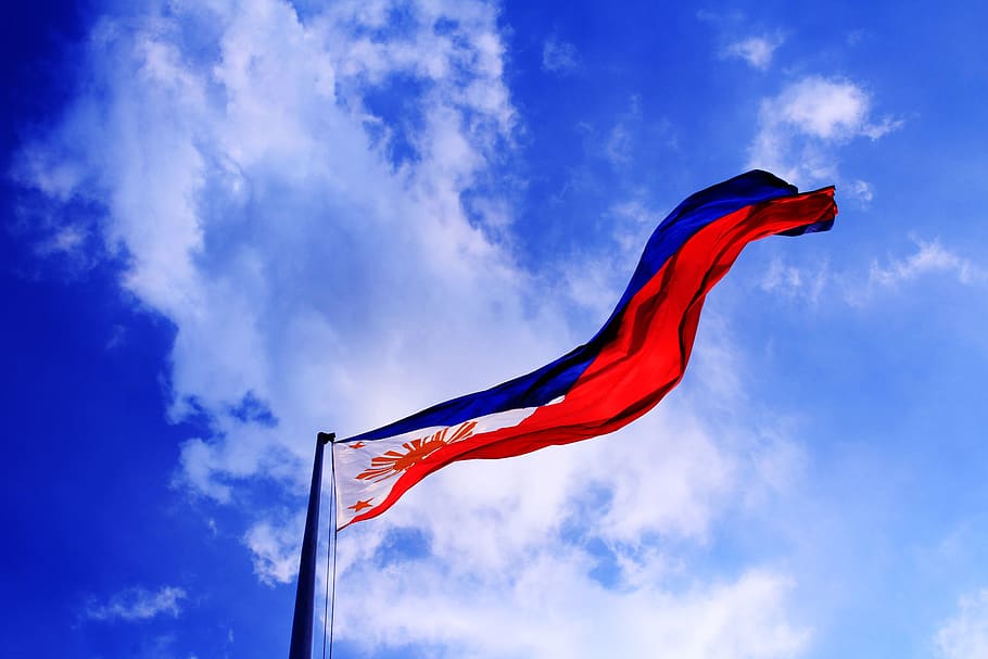 Philippine Flag, asia, blue, blue sky, bright, clouds, country, HD wallpaper